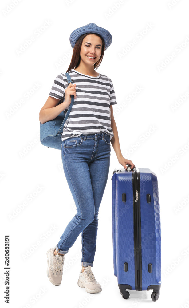 Female tourist with luggage on white background