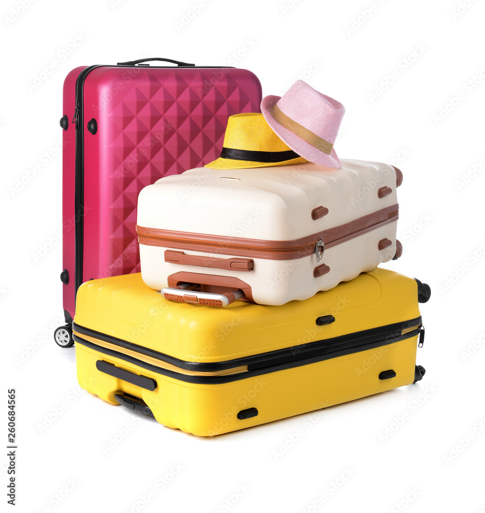 Packed suitcases on white background. Travel concept