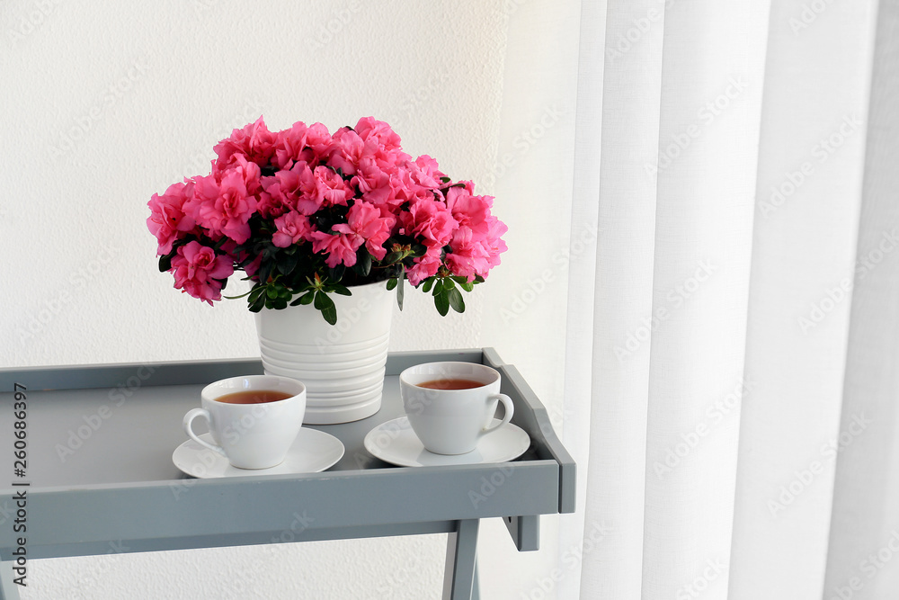 Pot with beautiful blooming azalea and cups of tea on table