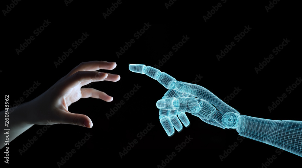 Wireframed Robot hand making contact with human hand on dark 3D rendering