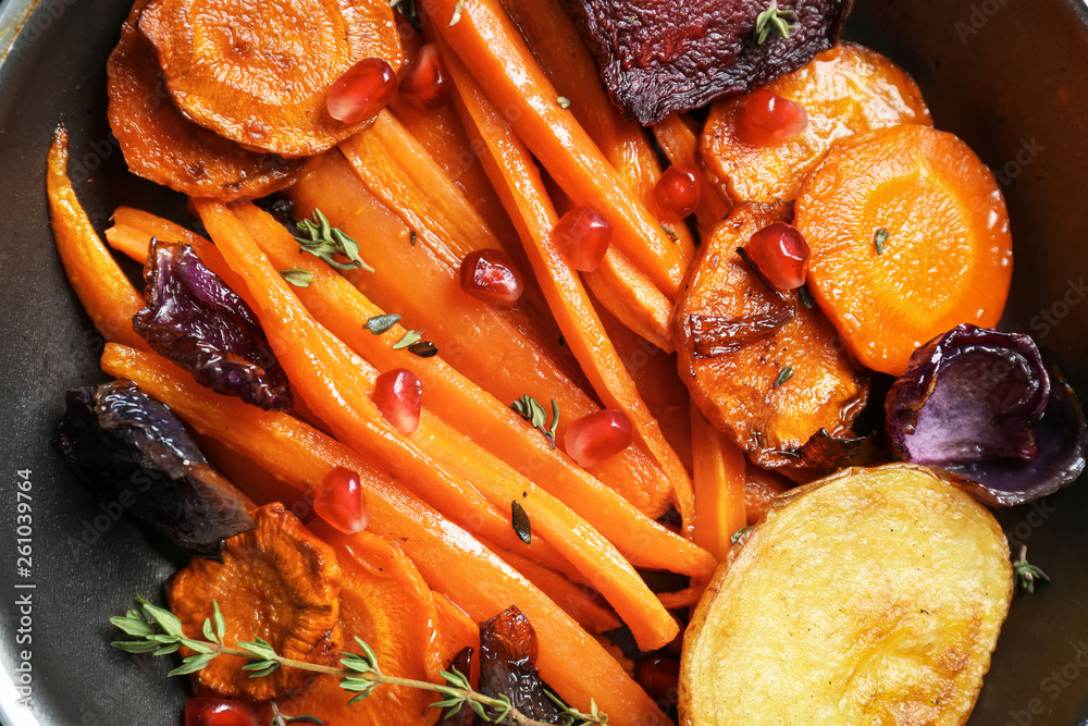 Frying pan with tasty cooked vegetables, closeup