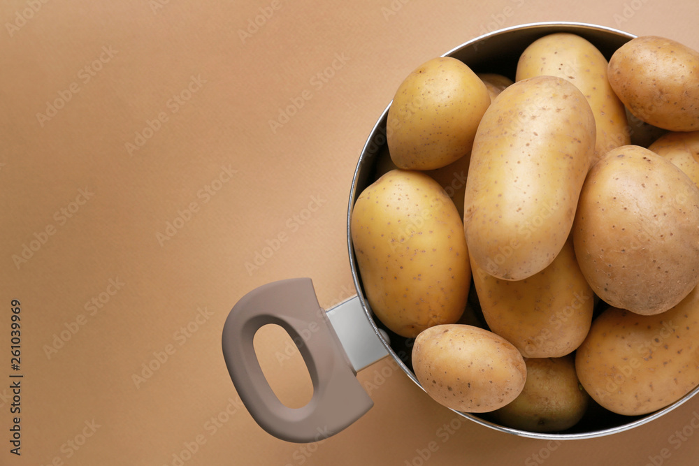 Pot with raw potato on color background