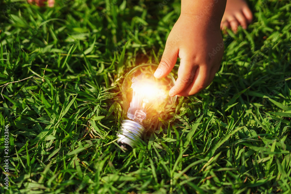 children hand holding lightbulb on green grass. concept eco energy