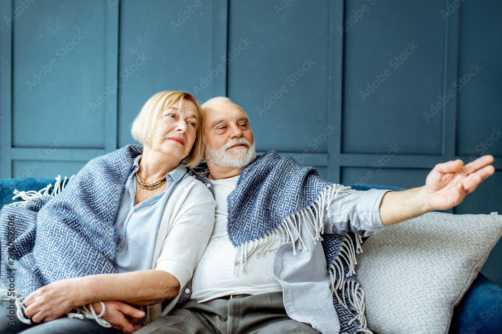 Portrait of a lovely senior couple feeling cozy and warm, sitting wrapped with plaid on the couch at