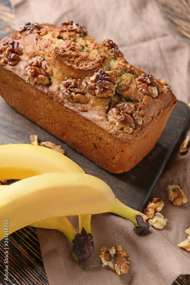 Tasty banana bread on table