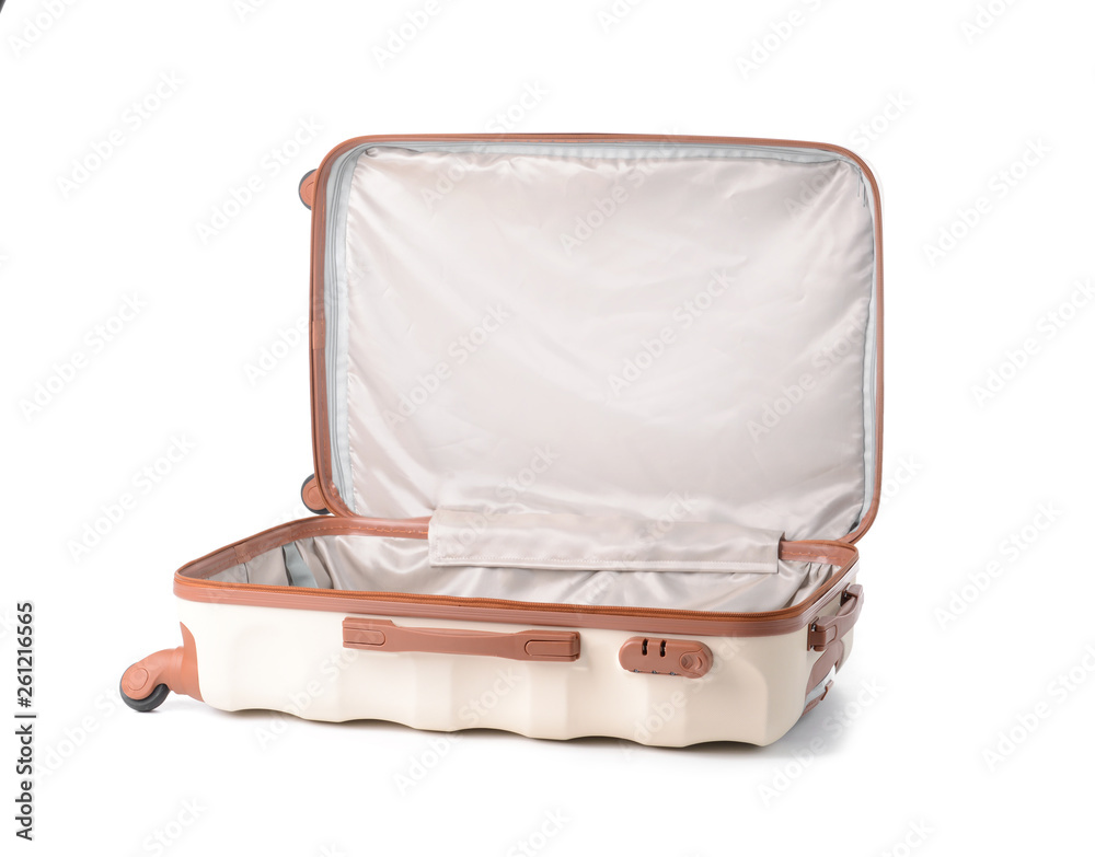 Open empty suitcase on white background