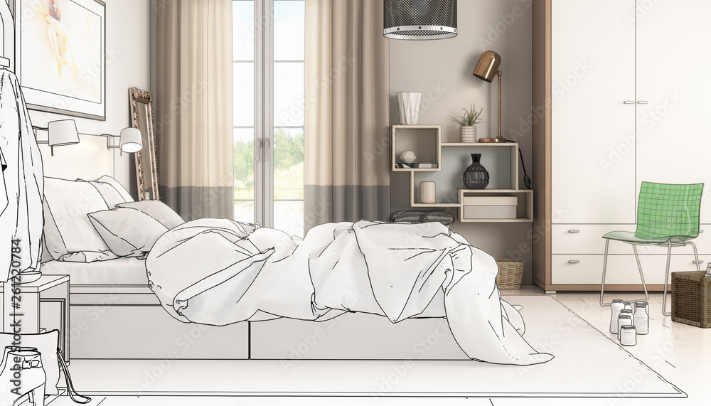 Modern Bedroom Arrangement (drawing) - 3d visualization