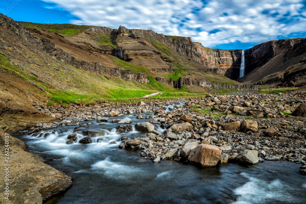 Beautiful Hengifoss Waterfall in Eastern Iceland. Nature travel landscape.