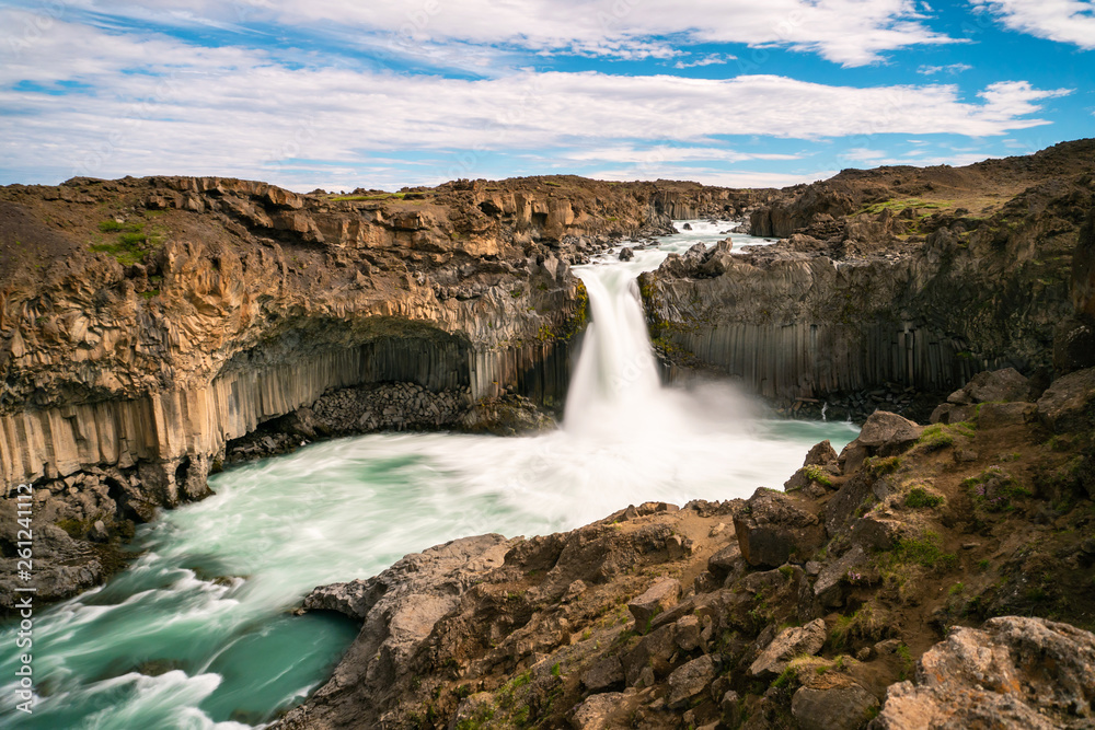 Icelandic summer landscape of the Aldeyjarfoss waterfall in north Iceland. The waterfall is situated