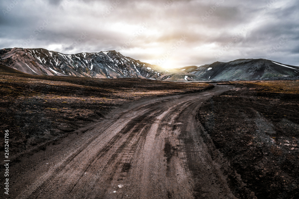 Beautiful Landmanalaugar gravel dust road way on highland of Iceland, Europe. Muddy tough terrain fo