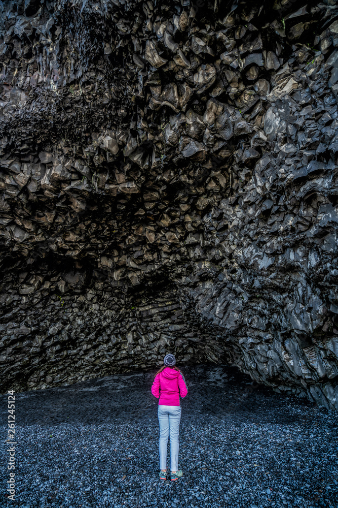 Volcanic black rock cave on Reynisdrangar beach in Vik, South Iceland.