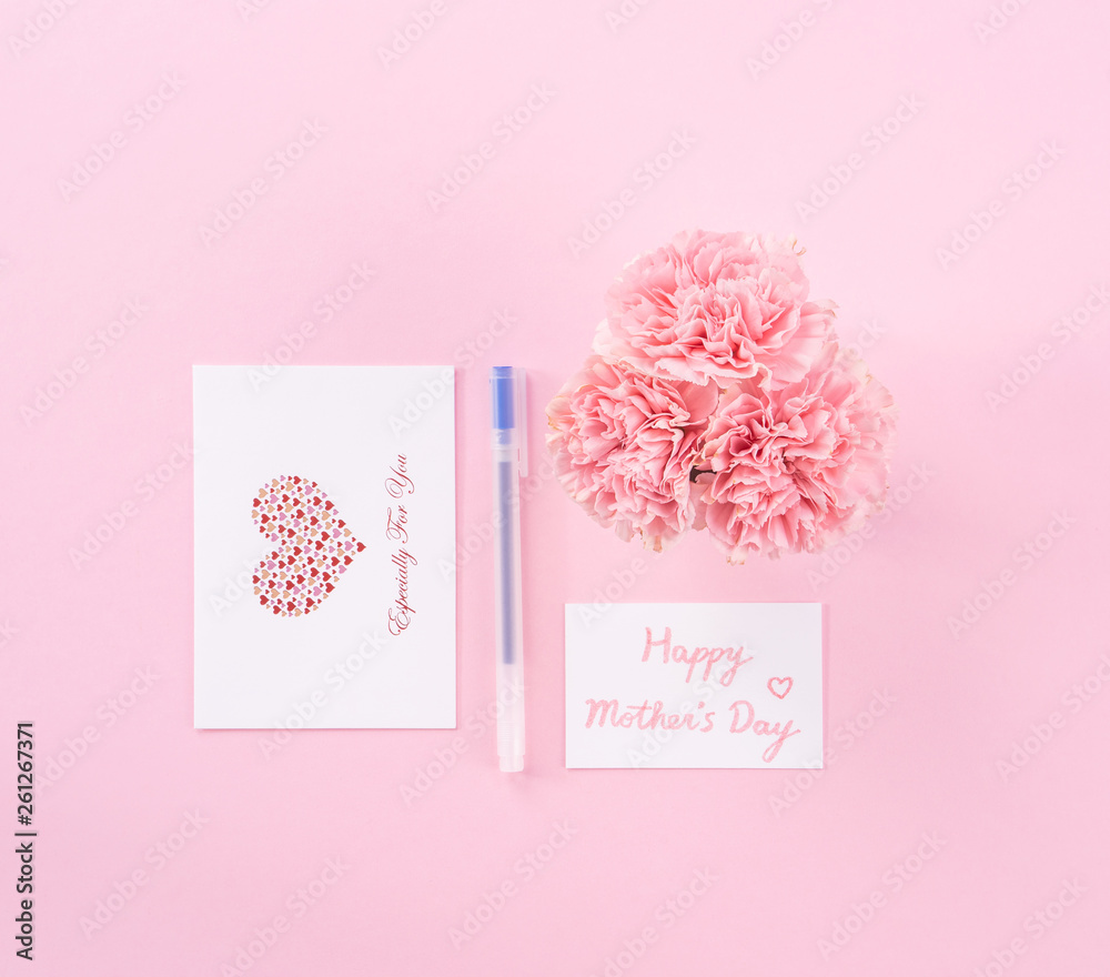 Top view, flat lay, mock up, copy space, handwritten greeting card template isolated with pale pink 