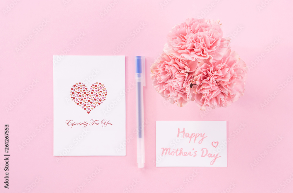 Top view, flat lay, mock up, copy space, handwritten greeting card template isolated with pale pink 