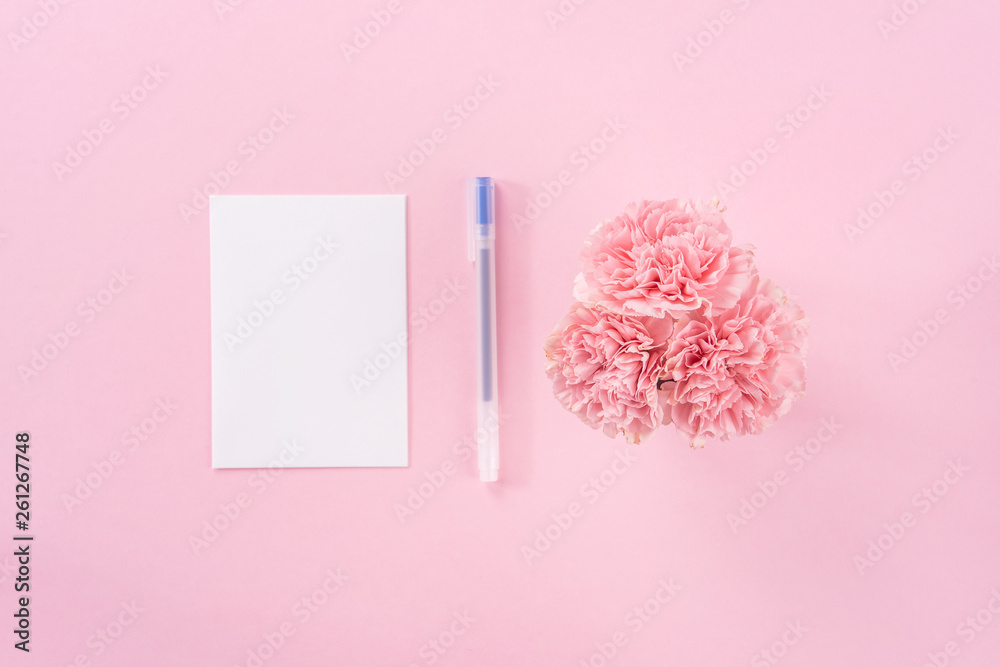 Top view, flat lay, mock up, copy space, handwritten greeting card template isolated with pale pink 