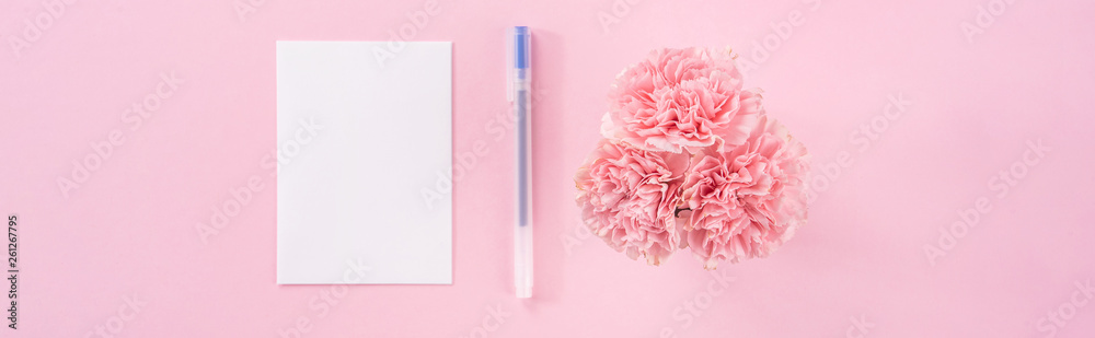 Top view, flat lay, mock up, copy space, handwritten greeting card template isolated with pale pink 