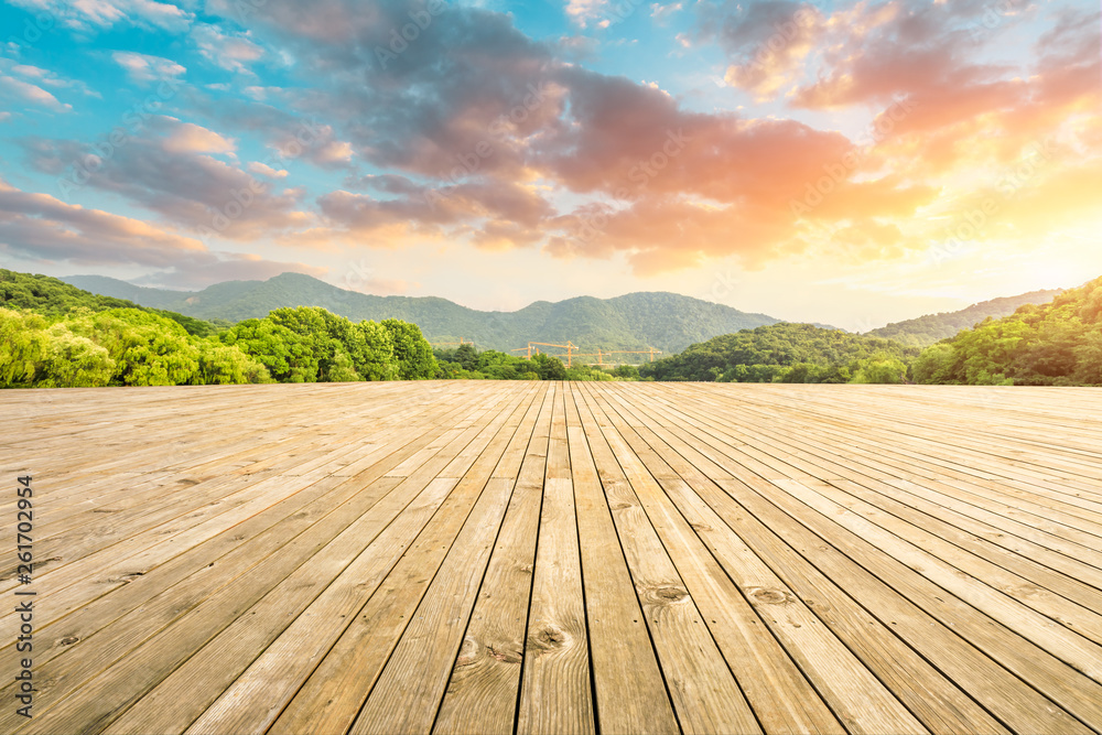 Wooden floor platform and green mountains background in Hangzhou