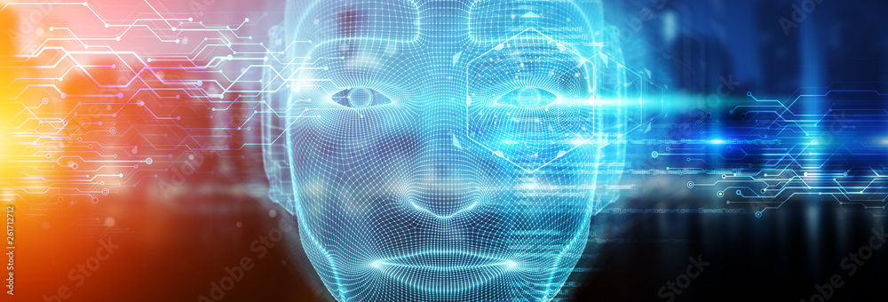 Robotic man cyborg face representing artificial intelligence 3D rendering