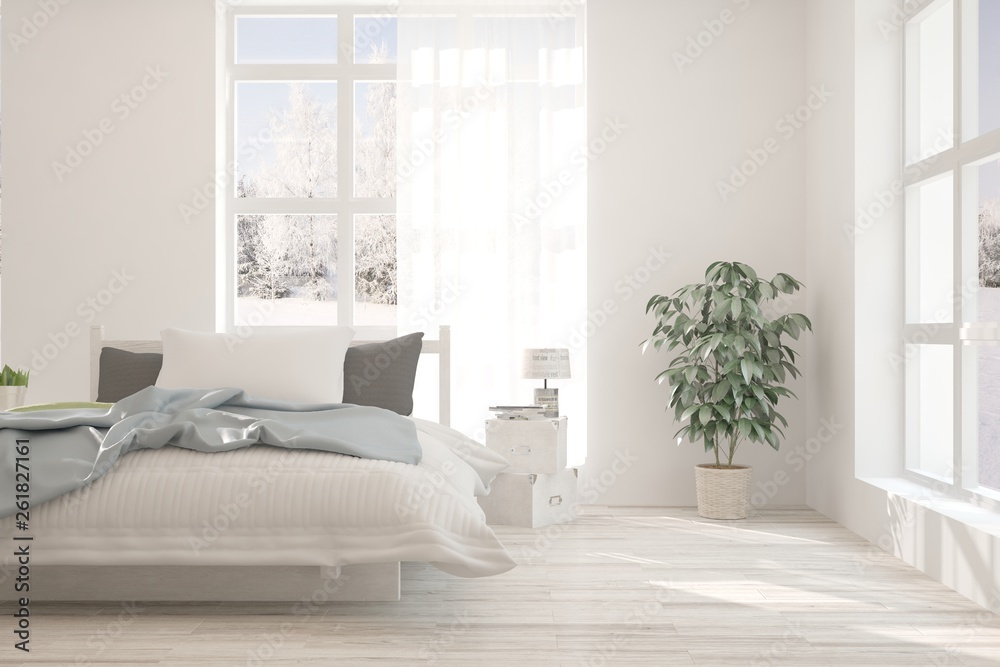 White bedroom with winter landscape in window. Scandinavian interior design. 3D illustration