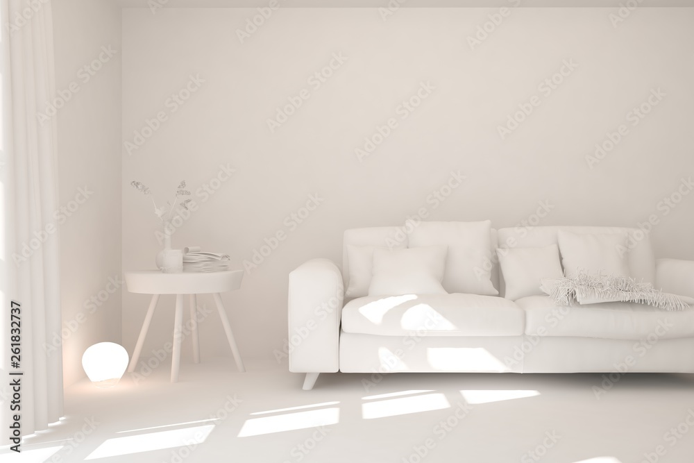 Mock up of stylish room in white color with sofa. Scandinavian interior design. 3D illustration