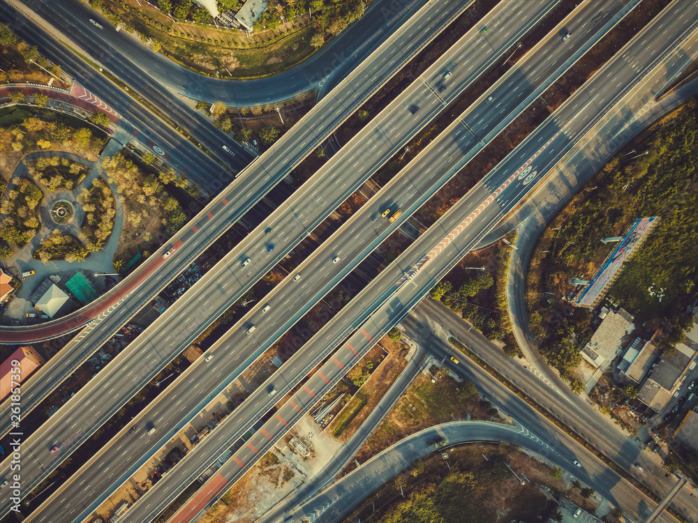 Aerial view of highway and overpass in city