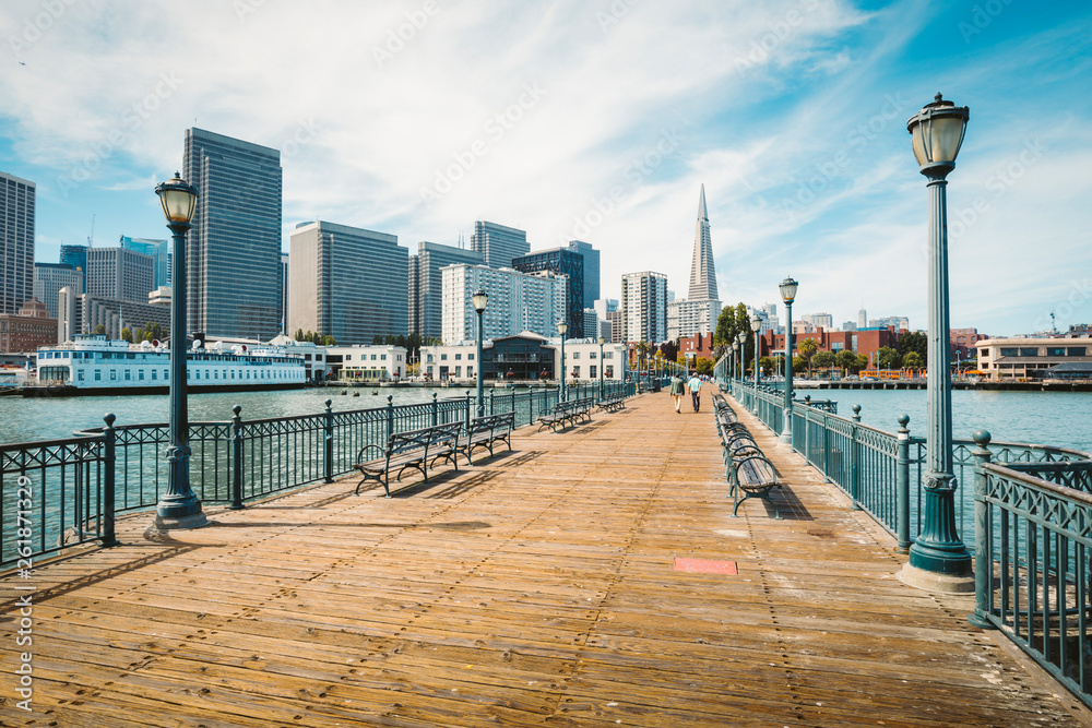 Historic Pier 7 with San Francisco financial district, California, USA