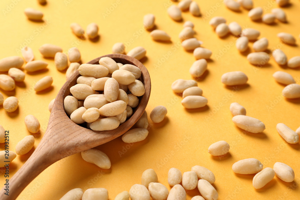 Spoon with tasty peanuts on color background