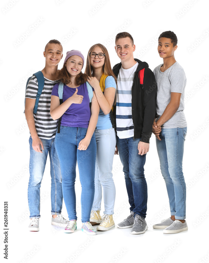 Group of teenagers on white background