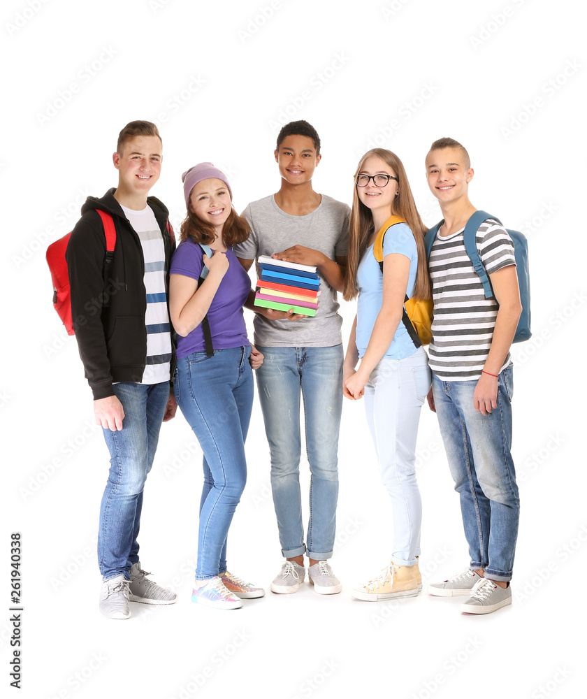 Group of teenagers on white background