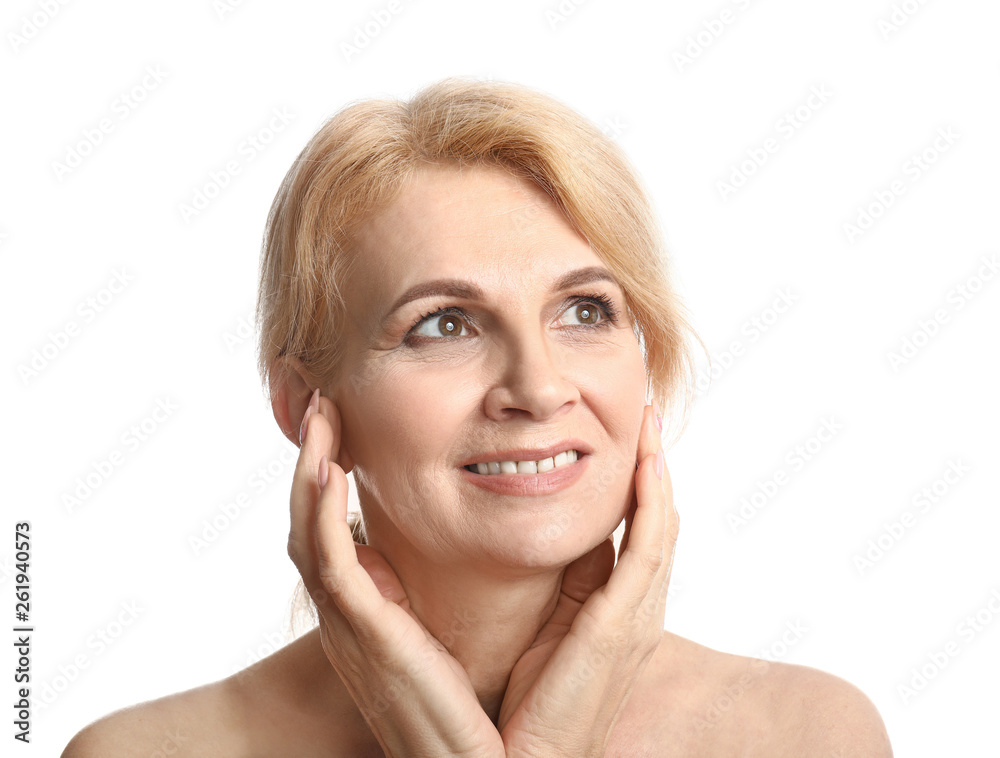 Portrait of beautiful mature woman on white background