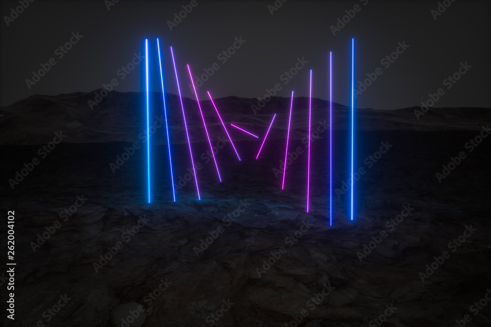 colorful glowing lines with dark mountain background, 3d rendering