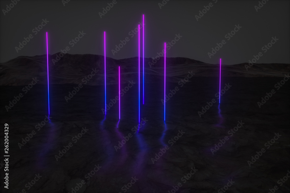 colorful glowing lines with dark mountain background, 3d rendering