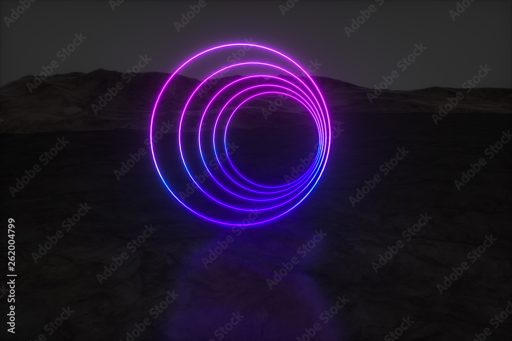 colorful glowing lines with dark mountain background, 3d rendering