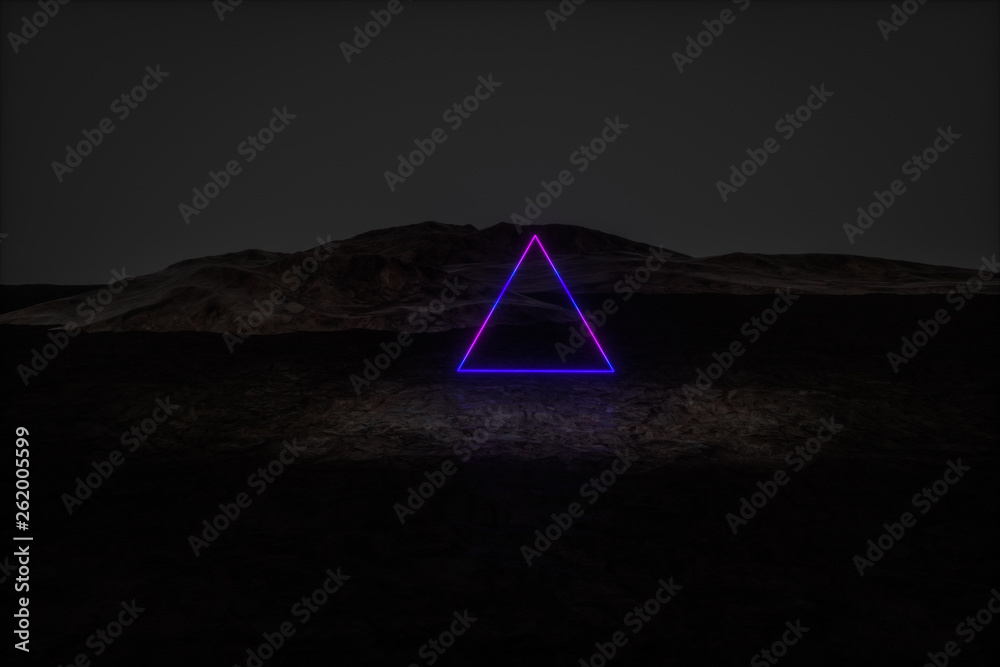 colorful glowing lines with dark mountain background, 3d rendering