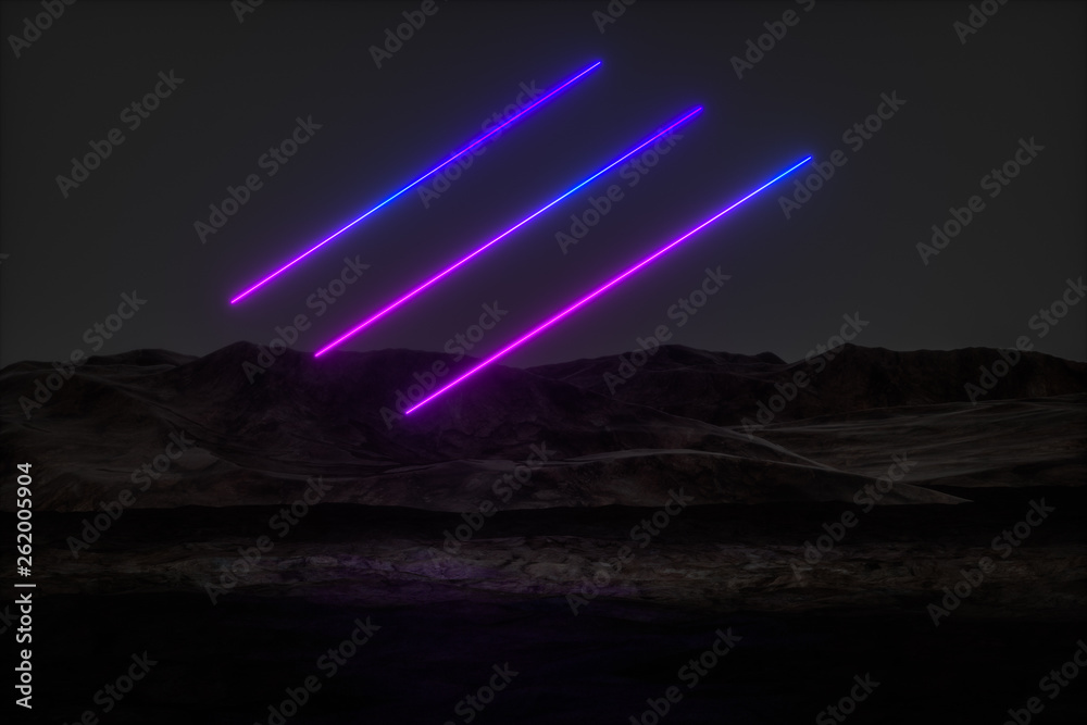 colorful glowing lines with dark mountain background, 3d rendering