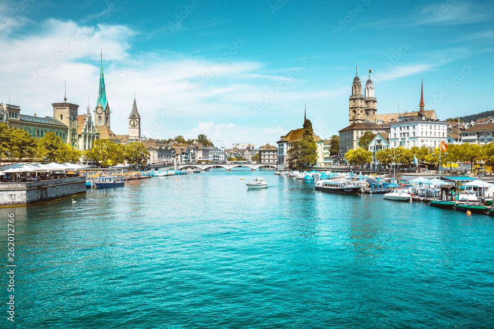 Zürich city panorama with Limmat river in summer, Switzerland