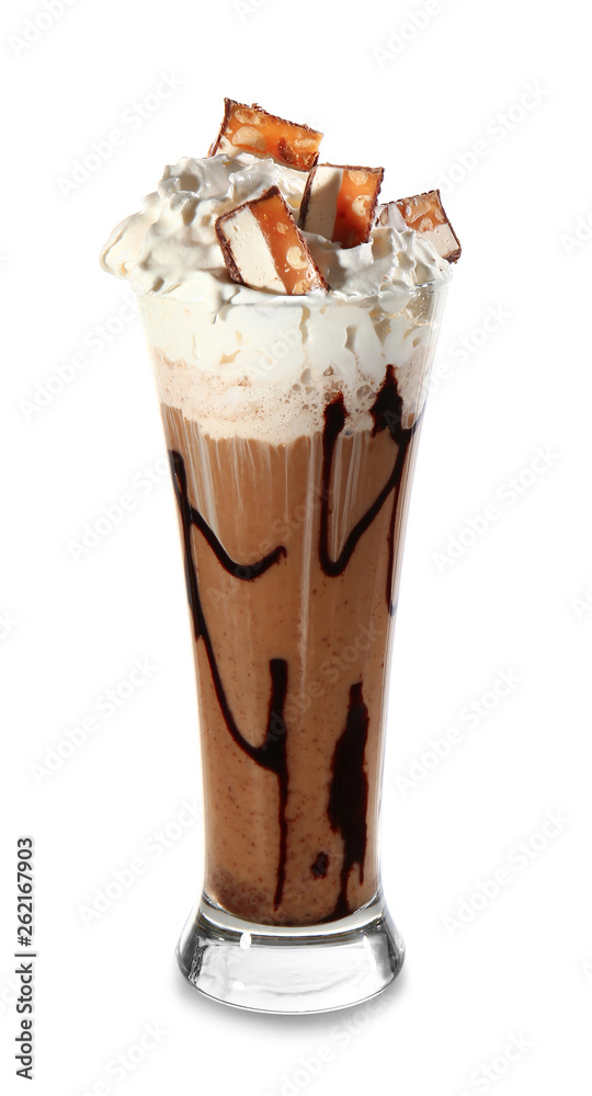 Glass of tasty frappe coffee on white background