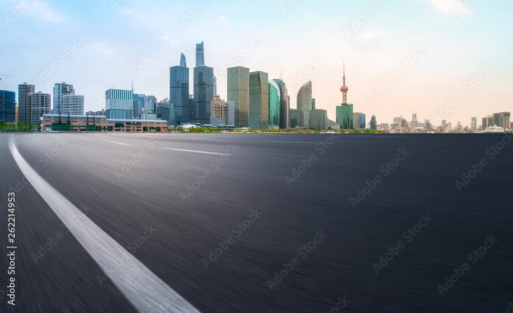 Empty Asphalt Road Through Modern City of Shanghai, China..