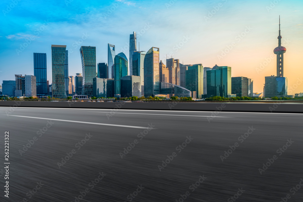 Empty Asphalt Road Through Modern City of Shanghai, China..