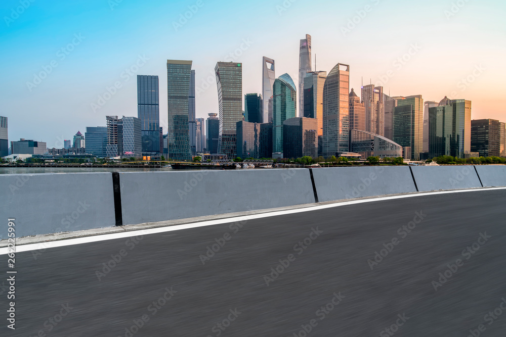 Empty Asphalt Road Through Modern City of Shanghai, China..