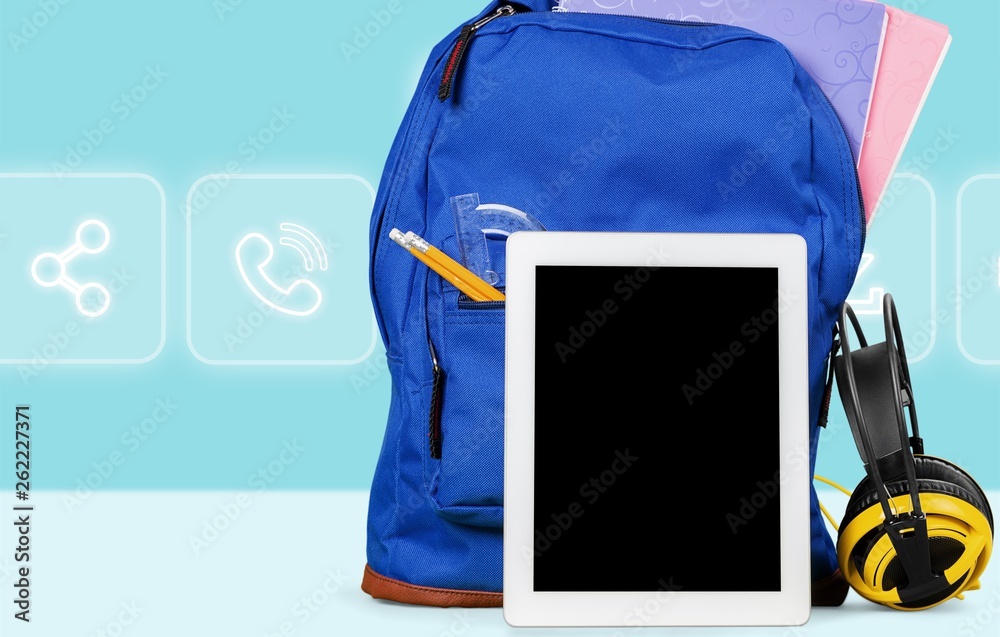 Blue School Backpack  on   background.