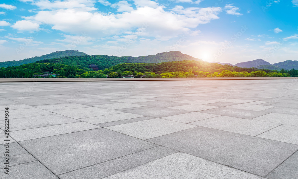 Empty Square Bricks and Natural Landscape Scenery..