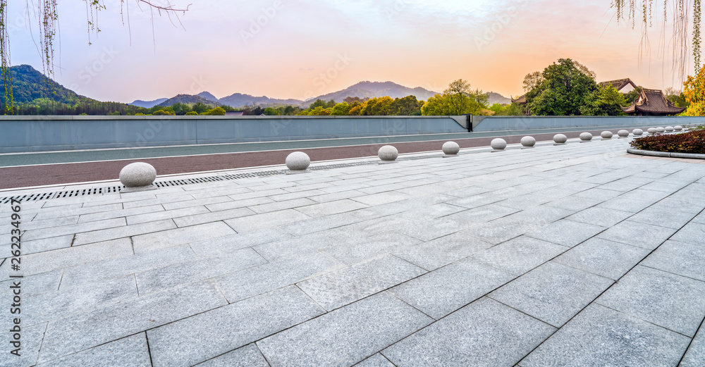 Empty Square Bricks and Natural Landscape Scenery..