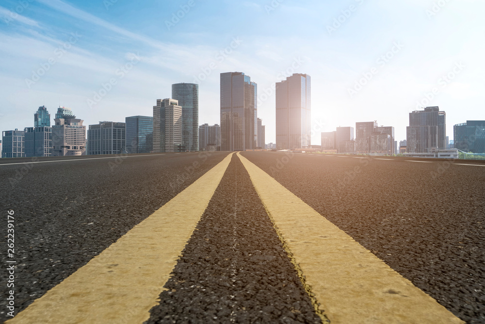 Empty Asphalt Road Through Modern City of Shanghai, China..