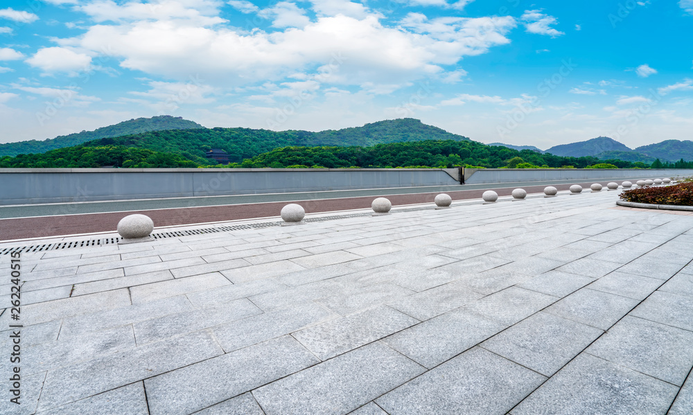 Empty Square Bricks and Natural Landscape Scenery..