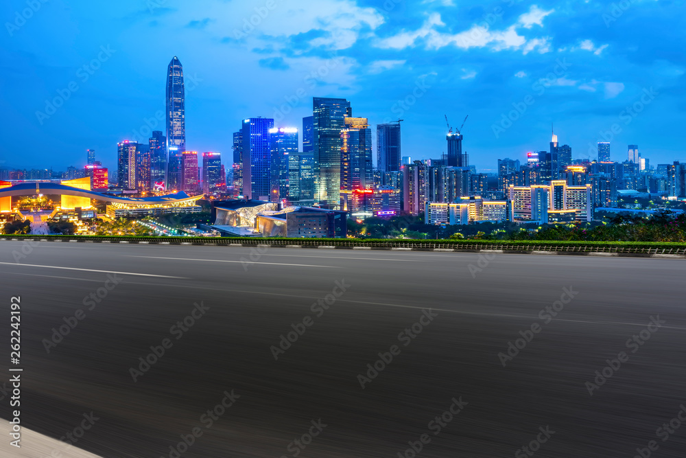 Road and skyline of urban architecture..