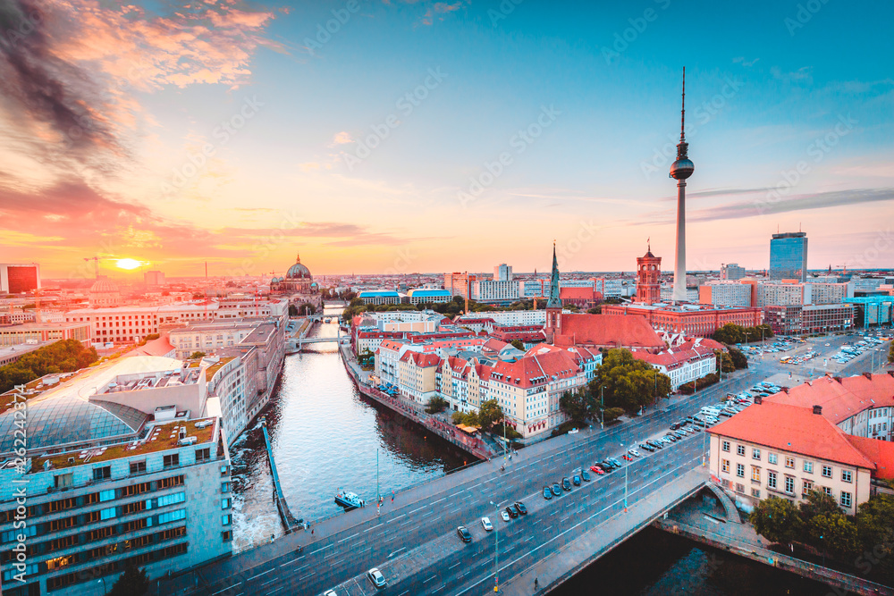 Berlin skyline with Spree river at sunset, Germany