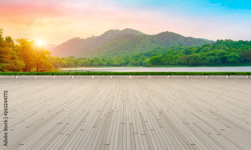 Empty Square Bricks and Natural Landscape Scenery..