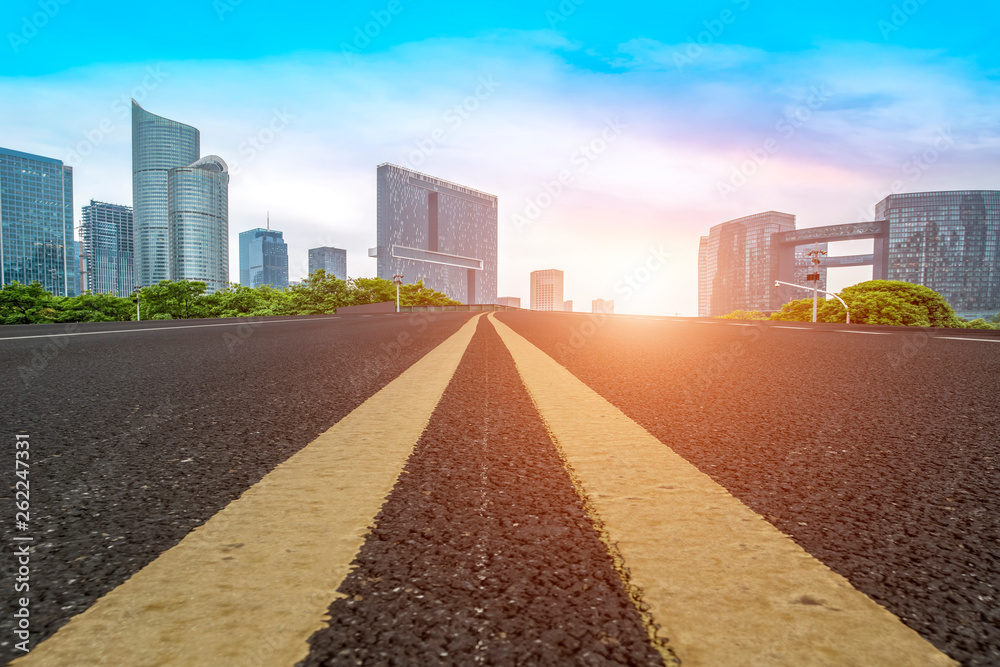 Road and skyline of urban architecture