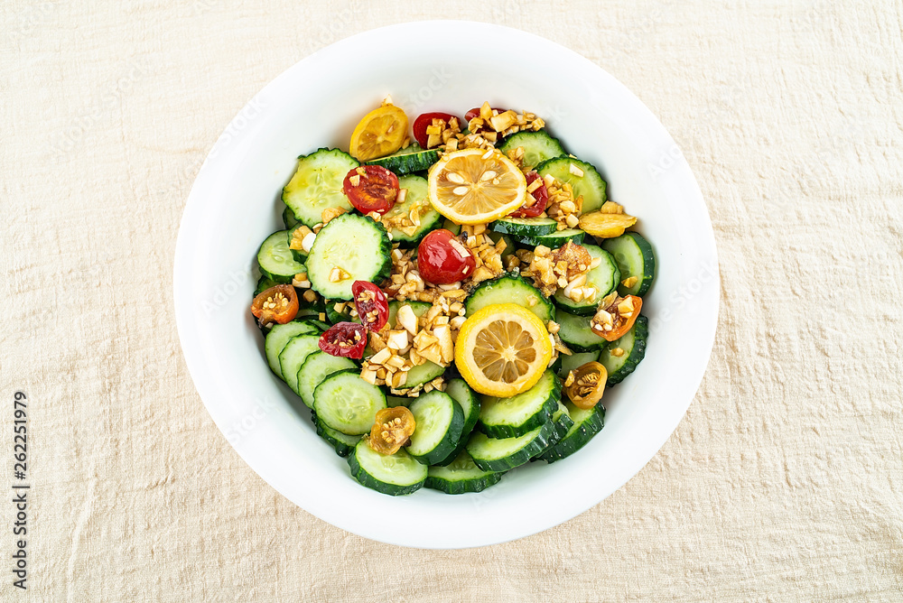 Summer salad with hot and sour cucumber slices