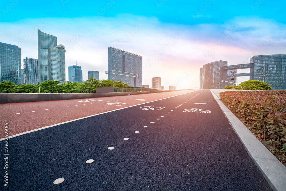 Road and skyline of urban architecture